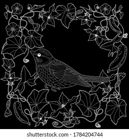 Art therapy coloring page. Coloring Book for adults and children. Cute wreath with bird and flowers. Antistress freehand sketch drawing with doodle and zentangle elements.