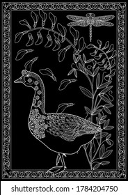 Art therapy coloring page. Coloring Book for children and adults. Colouring pictures with goose. Antistress freehand sketch drawing with doodle and zentangle elements.