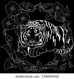 Art therapy coloring page. Coloring Book for adults and children. Colouring pictures with tiger. Antistress freehand sketch drawing with doodle and zentangle elements.