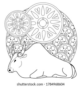 Art therapy coloring page. Coloring Book for children and adults. Colouring pictures with bull. Happy new year 2021. Year of the bull.