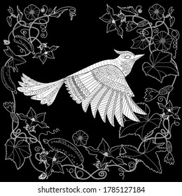 Art therapy coloring page. Coloring Book for adults and children. Cute wreath with bird and flowers. Antistress freehand sketch drawing with doodle and zentangle elements