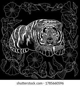 Art therapy coloring page. Coloring Book for adults and children. Colouring pictures with tiger. Antistress freehand sketch drawing with doodle and zentangle elements.