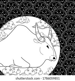 Art therapy coloring page. Coloring Book for children and adults. Colouring pictures with bull. Happy new year 2021. Year of the bull.