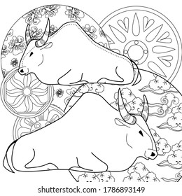 Art therapy coloring page. Coloring Book for children and adults. Colouring pictures with bull. Happy new year 2021. Year of the bull.