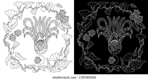 Art therapy coloring page. Coloring Book for adults and children. Cute wreath with peacock and flowers, vector illustration in vintage style. 