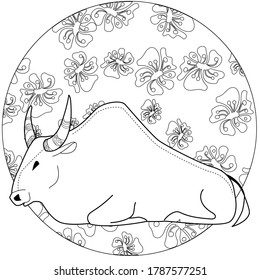 Art therapy coloring page. Coloring Book for children and adults. Colouring pictures with bull. Happy new year 2021. Year of the bull.