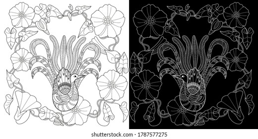Art therapy coloring page. Coloring Book for adults and children. Cute wreath with peacock and flowers, vector illustration in vintage style. 