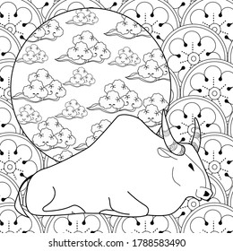 Art therapy coloring page. Coloring Book for children and adults. Colouring pictures with bull. Happy new year 2021. Year of the bull.