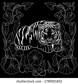 Art therapy coloring page. Coloring Book for adults and children. Colouring pictures with tiger. Antistress freehand sketch drawing with doodle and zentangle elements.