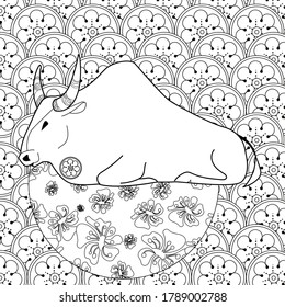 Art therapy coloring page. Coloring Book for children and adults. Colouring pictures with bull. Happy new year 2021. Year of the bull.