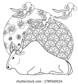 Art therapy coloring page. Coloring Book for children and adults. Colouring pictures with bull. Happy new year 2021. Year of the bull.