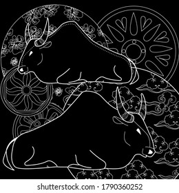 Art therapy coloring page. Coloring Book for children and adults. Colouring pictures with bull. Happy new year 2021. Year of the bull.