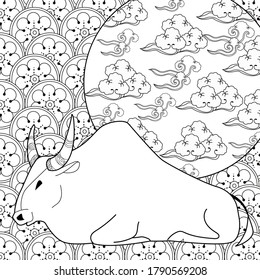 Art therapy coloring page. Coloring Book for children and adults. Colouring pictures with bull. Happy new year 2021. Year of the bull.