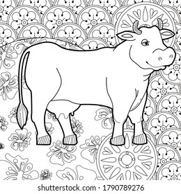 Art therapy coloring page. Coloring Book for children and adults. Colouring pictures with cow. Antistress freehand sketch drawing with doodle and zentangle elements.
