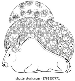 Art therapy coloring page. Coloring Book for children and adults. Colouring pictures with bull. Happy new year 2021. Year of the bull.