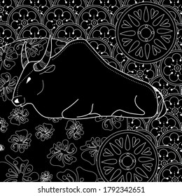 Art therapy coloring page. Coloring Book for children and adults. Colouring pictures with bull. Happy new year 2021. Year of the bull.