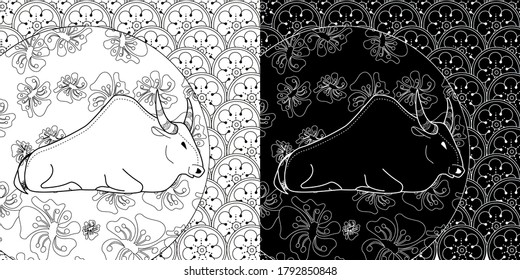 Art therapy coloring page. Coloring Book for children and adults. Colouring pictures with bull. Happy new year 2021. Year of the bull.