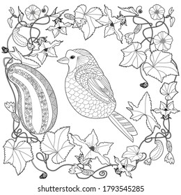 Art therapy coloring page. Coloring Book for adults and children. Cute wreath with bird and flowers. Antistress freehand sketch drawing with doodle and zentangle elements.