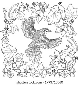 Art therapy coloring page. Coloring Book for adults and children. Cute wreath with bird and flowers. Antistress freehand sketch drawing with doodle and zentangle elements.