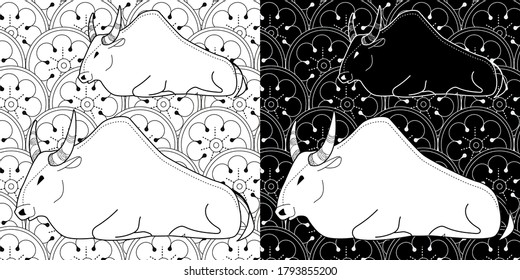 Art therapy coloring page. Coloring Book for children and adults. Colouring pictures with bull. Happy new year 2021. Year of the bull.