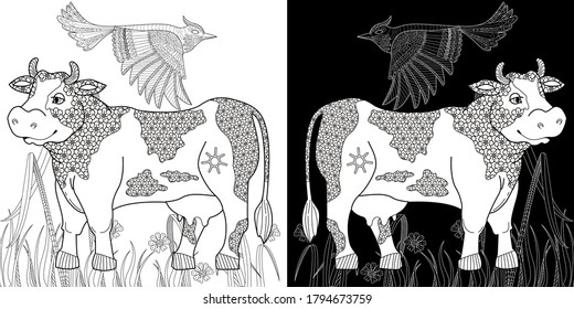 Art therapy coloring page. Coloring Book for children and adults. Colouring pictures with cow. Antistress freehand sketch drawing with doodle and zentangle elements.