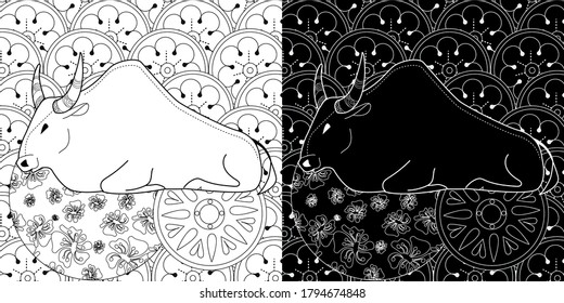 Art therapy coloring page. Coloring Book for children and adults. Colouring pictures with bull. Happy new year 2021. Year of the bull.