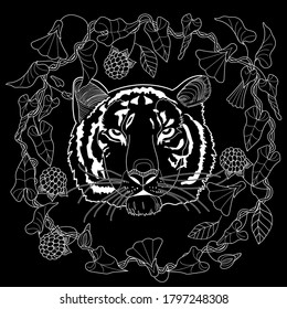 Art therapy coloring page. Coloring Book for adults and children. Colouring pictures with tiger. Antistress freehand sketch drawing with doodle and zentangle elements.