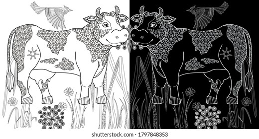 Art therapy coloring page. Coloring Book for children and adults. Colouring pictures with cow. Antistress freehand sketch drawing with doodle and zentangle elements.