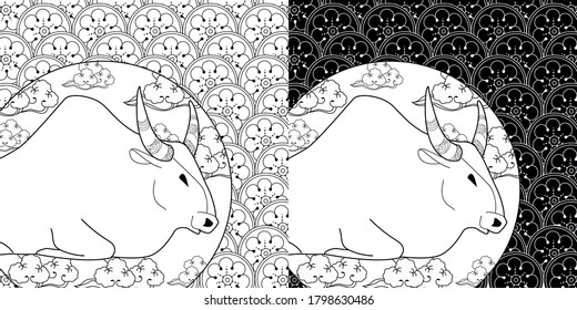 Art therapy coloring page. Coloring Book for children and adults. Colouring pictures with bull. Happy new year 2021. Year of the bull.