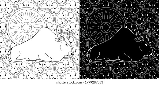 Art therapy coloring page. Coloring Book for children and adults. Colouring pictures with bull. Happy new year 2021. Year of the bull.