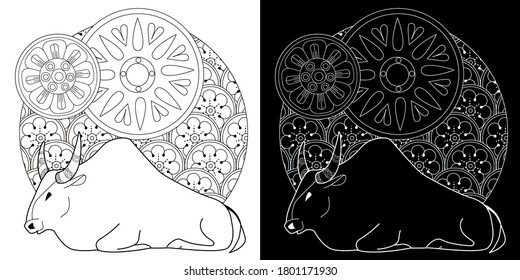 Art therapy coloring page. Coloring Book for children and adults. Colouring pictures with bull. Happy new year 2021. Year of the bull.