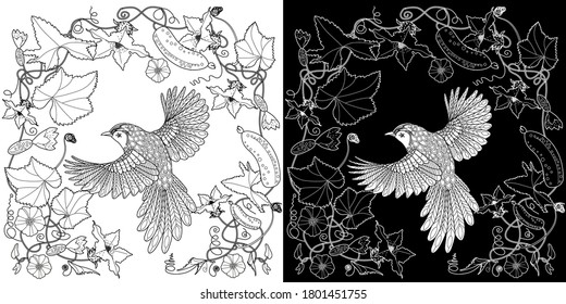Art therapy coloring page. Coloring Book for adults and children. Cute wreath with flowers  and bird. Antistress freehand sketch drawing with doodle and zentangle elements.