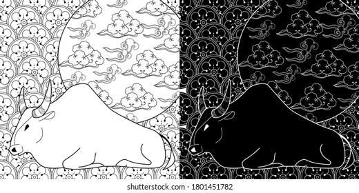 Art therapy coloring page. Coloring Book for children and adults. Colouring pictures with bull. Happy new year 2021. Year of the bull.