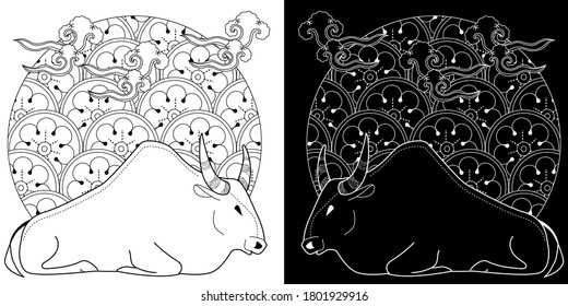 Art therapy coloring page. Coloring Book for children and adults. Colouring pictures with bull. Happy new year 2021. Year of the bull.