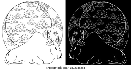 Art therapy coloring page. Coloring Book for children and adults. Colouring pictures with bull. Happy new year 2021. Year of the bull.