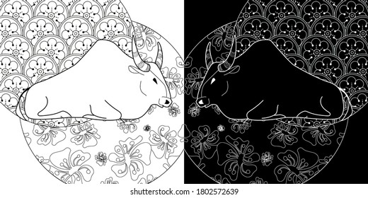 Art therapy coloring page. Coloring Book for children and adults. Colouring pictures with bull. Happy new year 2021. Year of the bull.