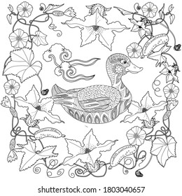 Art therapy coloring page. Coloring Book for adults and children. Cute wreath with flowers  and duck. Antistress freehand sketch drawing with doodle and zentangle elements.