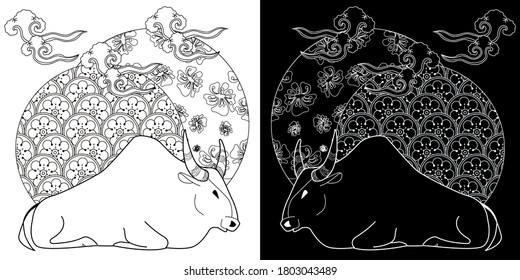 Art therapy coloring page. Coloring Book for children and adults. Colouring pictures with bull. Happy new year 2021. Year of the bull.