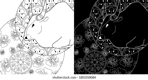 Art therapy coloring page. Coloring Book for children and adults. Colouring pictures with bull. Happy new year 2021. Year of the bull.