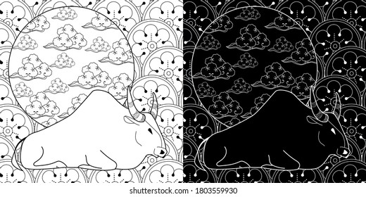 Art therapy coloring page. Coloring Book for children and adults. Colouring pictures with bull. Happy new year 2021. Year of the bull.