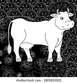 Art therapy coloring page. Coloring Book for children and adults. Colouring pictures with cow. Antistress freehand sketch drawing with doodle and zentangle elements.