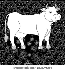 Art therapy coloring page. Coloring Book for children and adults. Colouring pictures with cow. Antistress freehand sketch drawing with doodle and zentangle elements.