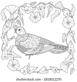 Art therapy coloring page. Coloring Book for adults and children. Cute wreath with flowers and bird. Antistress freehand sketch drawing with doodle and zentangle elements.