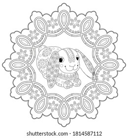 Art therapy coloring page. Coloring Book for adults and children. Colouring pictures with rabbit. Antistress freehand sketch drawing with doodle and zentangle element