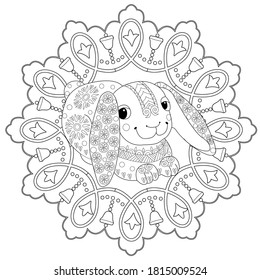 Art therapy coloring page. Coloring Book for adults and children. Colouring pictures with rabbit. Antistress freehand sketch drawing with doodle and zentangle element