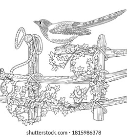 Art therapy coloring page. Coloring Book for adults and children. Colouring pictures with magpie and flowers. Linear engraved art. Bird concept. Romantic concept.