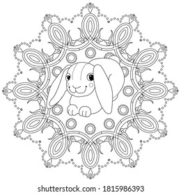 Art therapy coloring page. Coloring Book for adults and children. Colouring pictures with rabbit. Antistress freehand sketch drawing with doodle and zentangle element