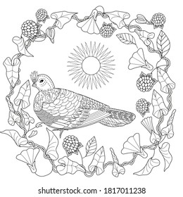 Art therapy coloring page. Coloring Book for adults and children. Cute wreath with dove and flowers, vector illustration in vintage style. 