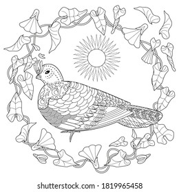 Art therapy coloring page. Coloring Book for adults and children. Cute wreath with dove and flowers, vector illustration in vintage style. 