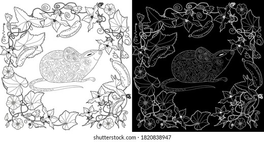 Art therapy coloring page. Coloring Book for adults and children. Cute wreath with mouse and flowers. Antistress freehand sketch drawing with doodle and zentangle elements.